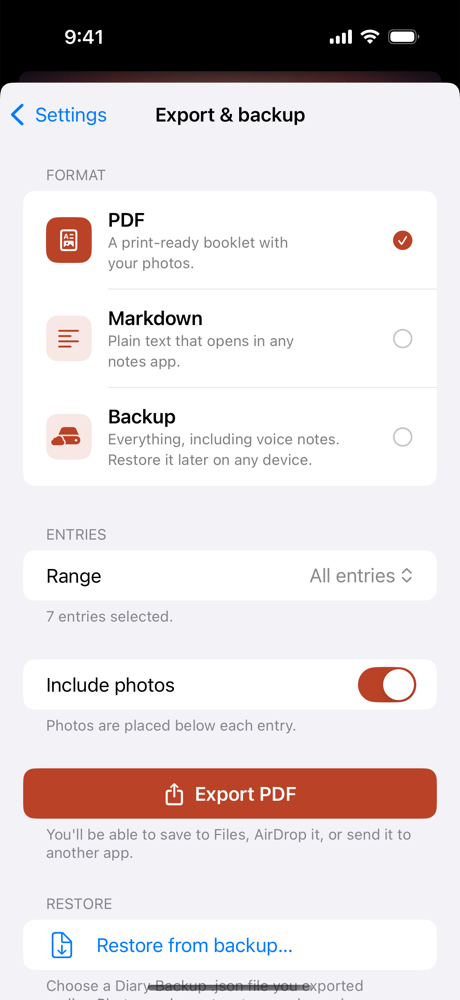 Export and backup options